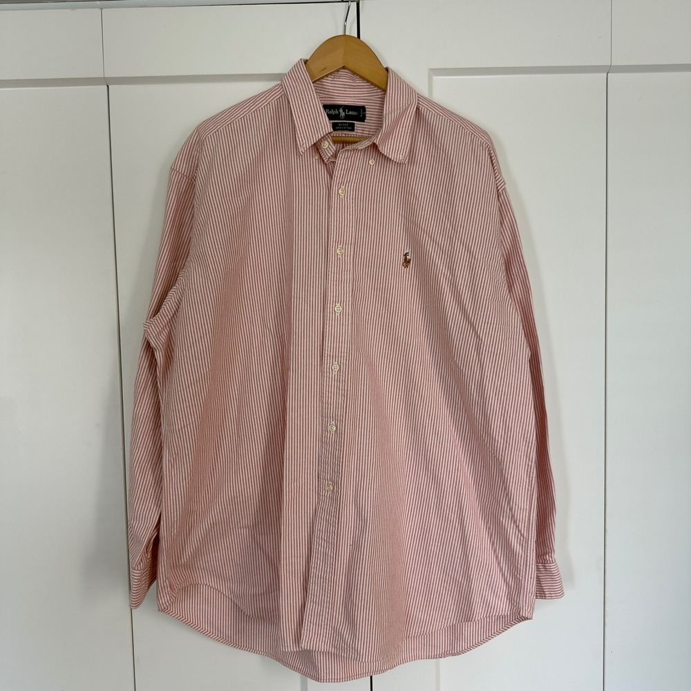 Modern Mens XL Ralph Lauren Blake Shirt Red White Striped Cotton Button Down